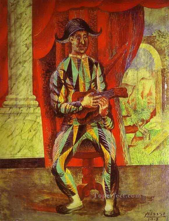 ギターを持つハーレクイン 1917 年キュビスト パブロ・ピカソ油絵